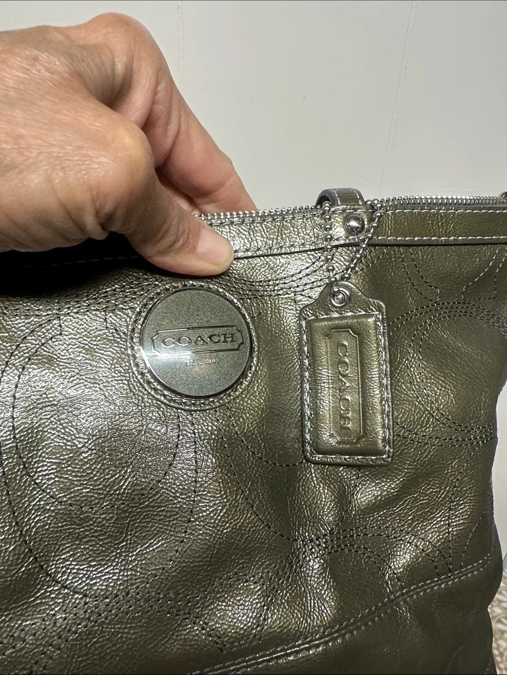 COACH Olive Leather Tote with Signature Charm